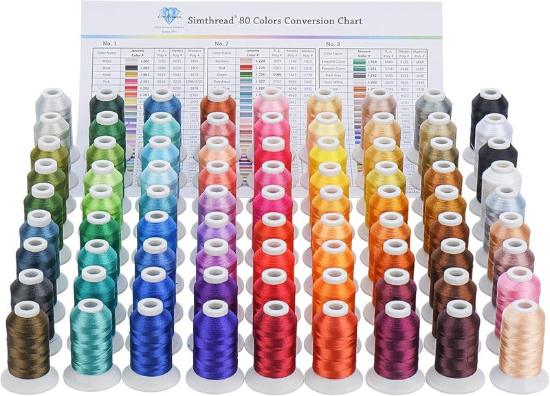 simthread Polyester Embroidery Thread, 80 Spools Embroidery Machine Threads, 500M (550Y) Each Thread Spool, Colors Compatible with Janome & Robison-Anton Colors - Color Card Contained in Box - Image 1